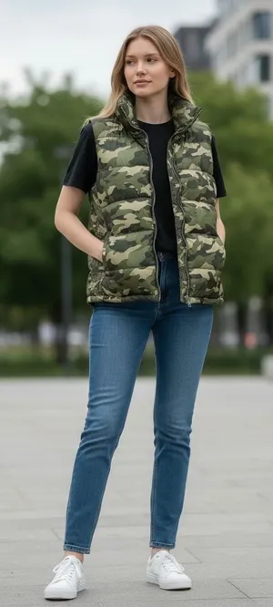Old Navy Womens Puffer Vest Camo Green Zip Up Stand‎ Collar Size M thumbnail 1