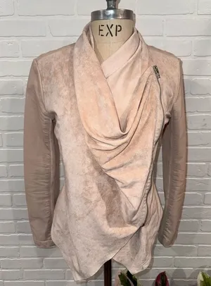 Blank NYC Soft Pink Vegan Leather/Suede Asymmetrical Zip Drape Moto Jacket thumbnail 1