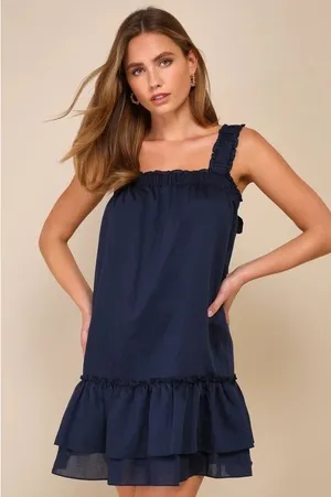 Lulus Navy Blue Ruffle Strap Mini Dress Smocked Square Neck Babydoll S thumbnail 1