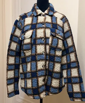 Absolutely Famous Blue & Brown Plaid Sherpa Fleece Shacket - Womens Size XL thumbnail 3