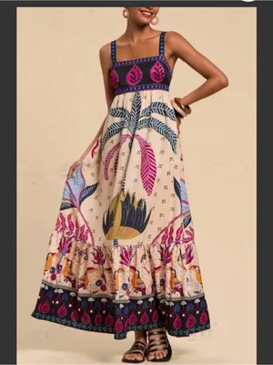 Rosa Clothing Bohemia Tropical Totem Print Strappy Flare Maxi Dress Small New thumbnail 3