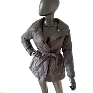 Black Down Puffer Jacket Shawl Collar Wrap Belt Winter Outerwear Coat Parka Size M thumbnail 3