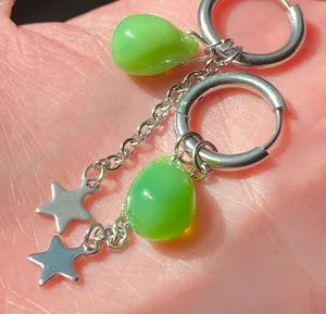 green opal teardrop Czech glass beads & stainless steel stars 4WAY hoop earrings💚 thumbnail 6