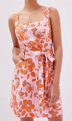 Farm Rio floral lobster print pink & orange linen blend mini dress thumbnail 1