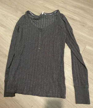 Victoria's Secret Gray Metallic Long Sleeve Henley Top thumbnail 1