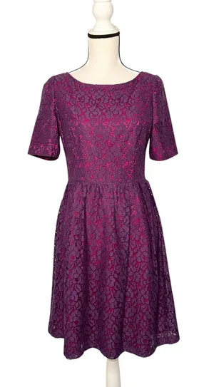 Adrianna Papell Purple Pink Lace Overlay Fit Flare Dress A Line Size 6 thumbnail 1