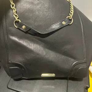 Black Faux Leather Tote Bag with Gold Accents thumbnail 1