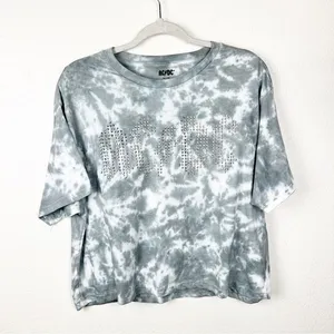 AC/DC Rhinestone Bling Gray Tie Dye Crop Band Tee Cotton Blend Size XL thumbnail 1