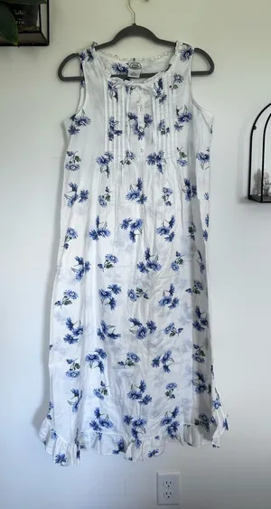 Vintage Laura Ashley 100% Cotton White & Blue Floral Print Nightgown Midi Dress thumbnail 1