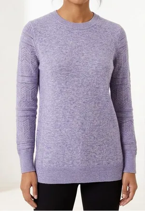 LOFT Pointelle Chevron Sleeve Crewneck Heather Lilac Pullover Wool Blend Sweater thumbnail 1