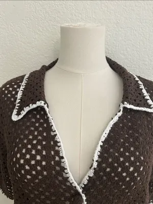 Elan Crochet Button-Up Cover-Up TOP, Brown/White, Size Medium, NWT thumbnail 6