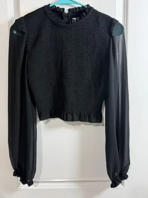 Wilfred Aritzia Black Tempest Smocked Blouse with Sheer Long Sleeves thumbnail 1