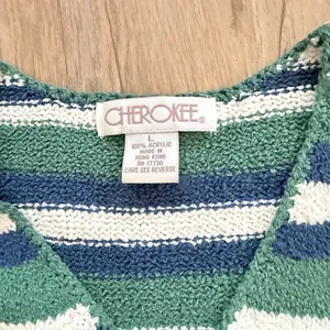 Vintage Women's Cherokee Acrylic Sweater Size L, Green White Strips V Neck thumbnail 4
