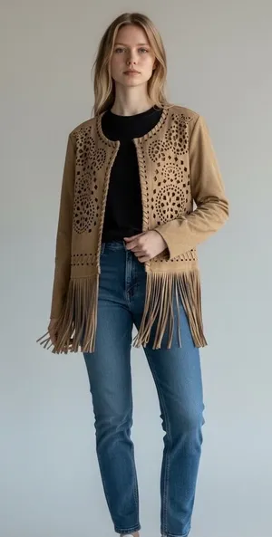 Easel Los Angeles Suede Like Jacket Boho Fringe Cutout Embellished Tan‎ thumbnail 1