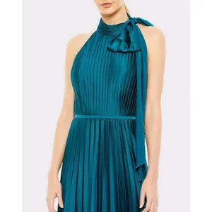 Ieena for Mac Duggal 26909 Pleated High Neck Kitten Bow Midi Dress Teal 8 thumbnail 2