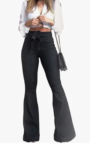 NEW High Waisted Bell Bottom Jean Denim Wide Leg Belted XL Long thumbnail 1