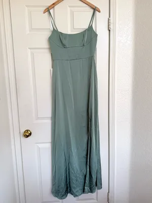 Azazie x Kendall Kylie Halsey green ALine Side Slit Metallic Satin Maxi Dress 6 thumbnail 2