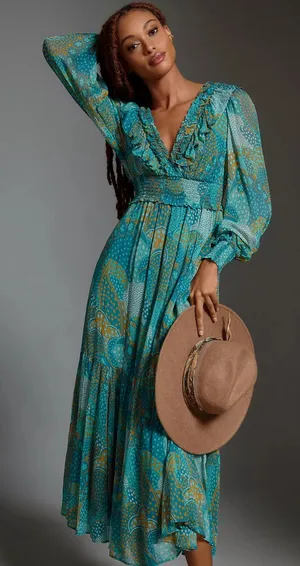 Anthropologie Odetta Ruffled V-Neck midi Dress Teal Gold Boho Mixed Print Small thumbnail 1