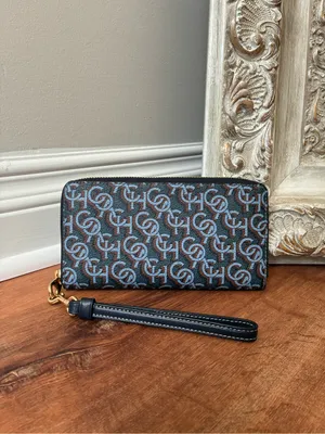 Coach Long Zip Around Wallet with Signature Monogram Print, Navy Blue / Gold thumbnail 3