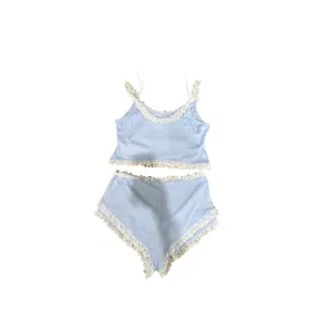 Kacey Lee Baby Blue Pointelle Lace Trim Two Piece Set Cami Shorts L thumbnail 2