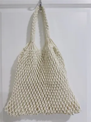 Boho Macramé Cotton Rope Market Tote Bag | Handmade Ivory Woven Beach Shopper thumbnail 3