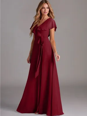 Azazie Burgundy Ruffle Wrap Maxi Dress with Side Slit thumbnail 4