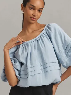 ANTHROPOLOGIE MAEVE SHORT PUFF SLEEVE BUBBLE TIERED BLOUSE SHIRT TOP BLUE medium thumbnail 3