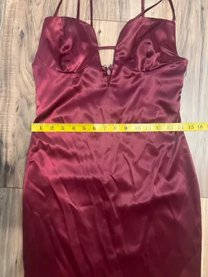 Miss Circle Burgundy Wine Satin Plunge Cutout Bodycon Midi Dress Small thumbnail 12