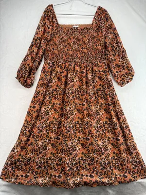 Beach Lunch Lounge Smocked Midi Dress Animal Print Long Sleeve‎ Casual XL thumbnail 1