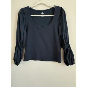 Anthropologie Maeve Blue‎ Ribbed Satin Tiered Balloon Sleeve Cropped Top Size S thumbnail 5