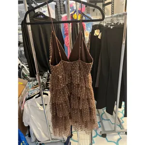 Chocolate Brown Sequin Tiered Ruffle Mini Dress V-Neck Adjustable‎ Straps thumbnail 2