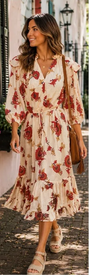 Fate Floral Ruffle Shoulder Puff Sleeve Tiered Midi Dress Size M 🧡🍄 thumbnail 1