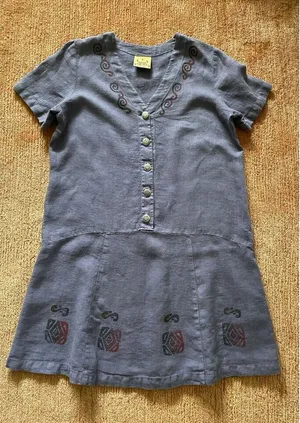 Vintage Blue Cactus Linen Dress Made in USA Boho Painted Print Drop Waist M/L thumbnail 1