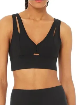 ALO YOGA Black United Long Sports Bra Double V Neck Small thumbnail 1
