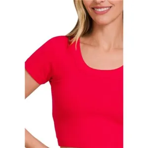 Zenana Ribbed Scoop Neck Crop Short‎ Sleeve Top thumbnail 2