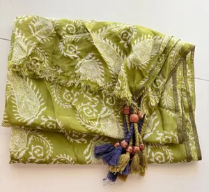 Sete di Jaipur Scarf Women OS Green Paisley‎ Silk Tassel Bead Fringed thumbnail 1