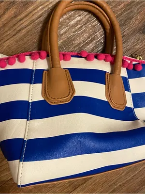 Luv Betsey Johnson Nautical Mini Tote Bag Purse Blue White Stripes Pink Pom 7x10 thumbnail 7