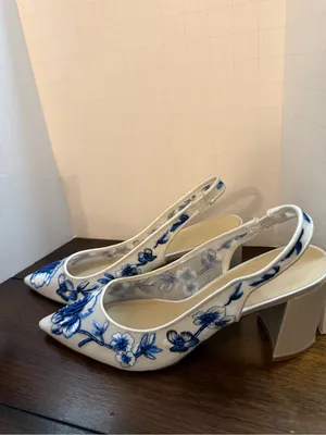 Betsey Johnson White Slingback Block Heels with Blue Floral Embroidery thumbnail 6