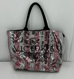 Victoria's Secret Pink and Silver Sequin Tote with Black Handles d25 thumbnail 1