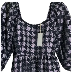 NEW Anthropologie Balloon Sleeves Dress XSMALL DAMASK houndstooth Silver Black thumbnail 6