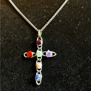 Multicolor Raw Gemstone Cross Necklace Silver tone thumbnail 2