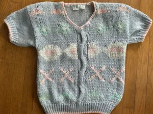 Vintage Hand Knit Sweater Short Sleeve Blue Pink VNeck Chelsea Place Size Medium thumbnail 1