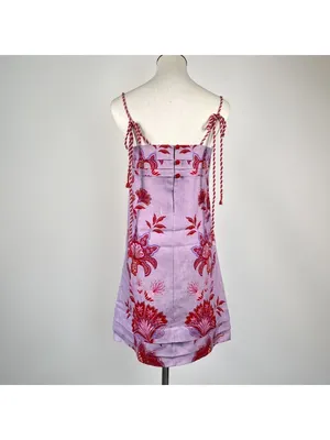 NWOT Linen Floral Tie Spaghetti Strap Pleated Layered Mini Dress Purple Size L thumbnail 5
