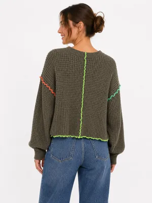 New IN Women’s Waffle Knit Sweater Medium Brown Neon Contrast Stitch thumbnail 15