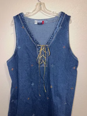 Vintage Jean dress embroidered Aztec designs geometric Denim Jumper cottagecore thumbnail 3