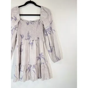 Aritzia Babaton Dress Gray Mini Floral Organic Linen Smocked Babydoll Boho Small thumbnail 7