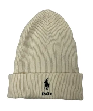 Polo Ralph Lauren 100% Wool Beige Embroidered Logo Ribbed Bonnet Beanie Hat OS thumbnail 1