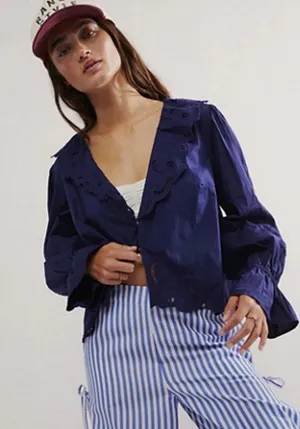 Free People Women’s Medium Maisie Cutwork Navy Bell Sleeve Embroidered Blouse thumbnail 1