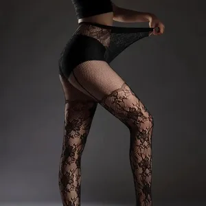 Black Floral Lace Fishnet Tights, Hot Elastic High Waist Pantyhose, Women's Stockings & Hosiery One Size 85% Polyamide 15% Elastane 7650219440+5 thumbnail 4