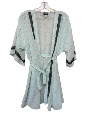 Sheer Polka Dot Tie Front Robe Medium Black Trim Vintage Style thumbnail 1